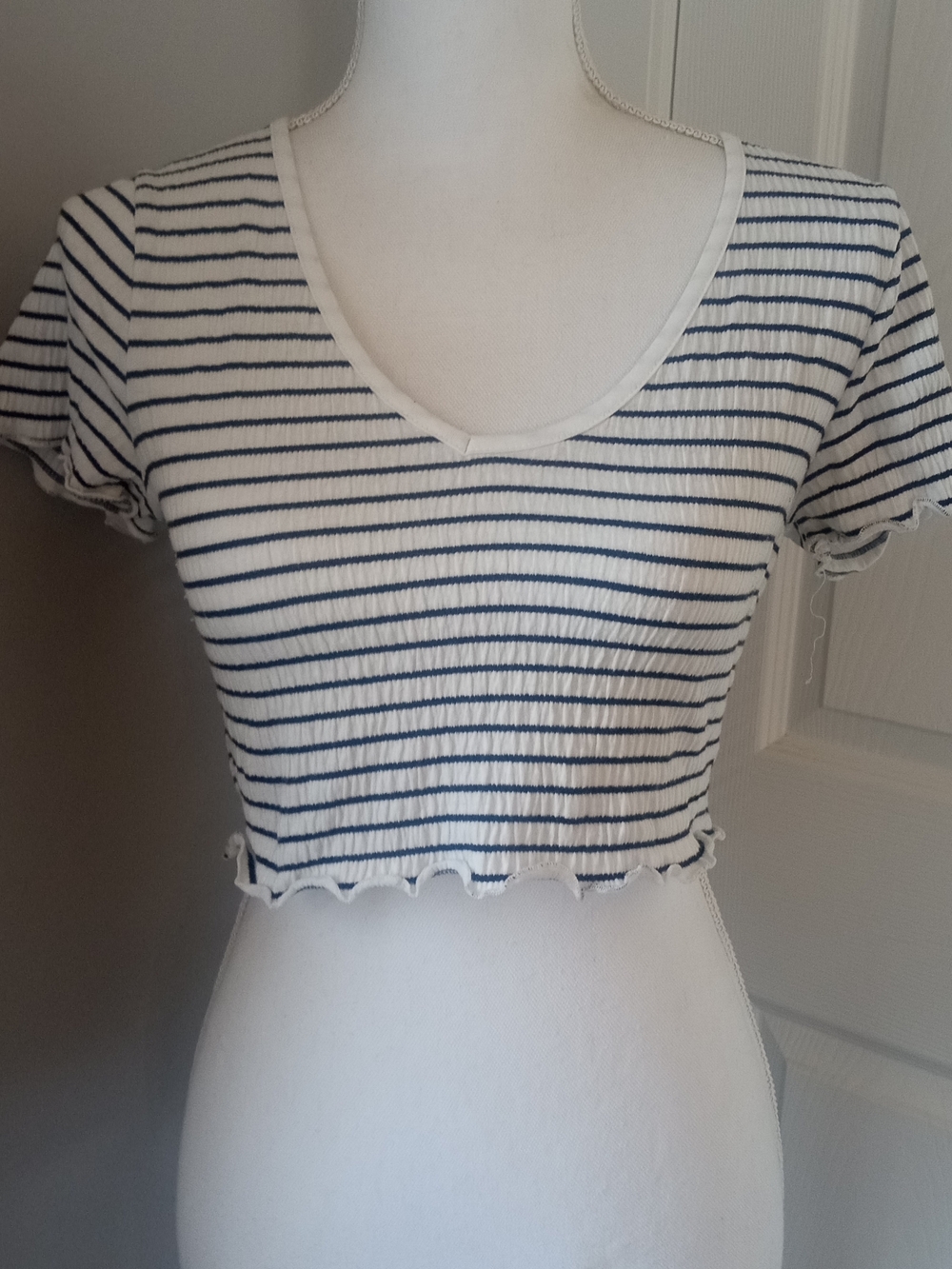 Striped White and Navy Cropped Tee